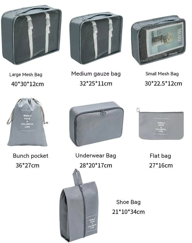 7-piece packing cubes organizer set with dimensions