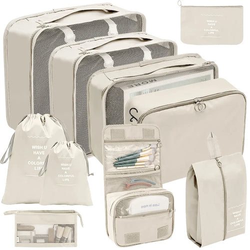 Beige 7-piece travel packing cubes organizer set